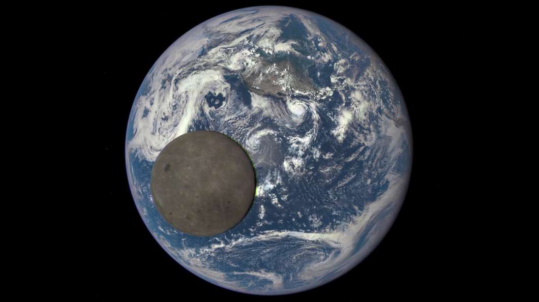 An animation still image, created from images snapped by DSCOVR during lunar transit (Credit: NASA/NOAA)